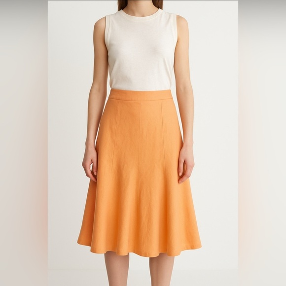 Chaps Peach Linen Flared Skirt 12 | 100% Linen Lined Midi Skirt Summer Casual - Picture 1 of 6